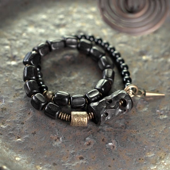 Braccialetto doppio giro Buddha Stones Ebano Legno Ossidiana Nera Rame Ottone Pace - image 8
