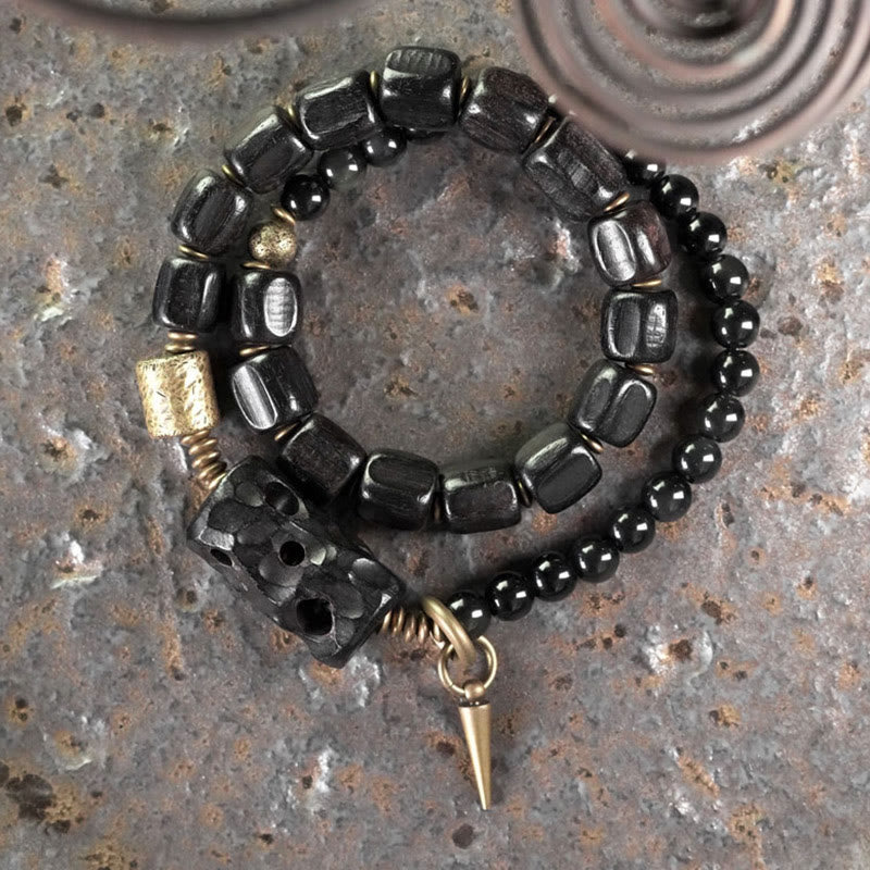 Braccialetto doppio giro Buddha Stones Ebano Legno Ossidiana Nera Rame Ottone Pace - image 1