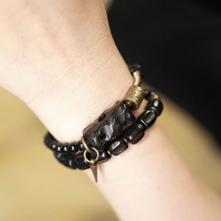 Braccialetto doppio giro Buddha Stones Ebano Legno Ossidiana Nera Rame Ottone Pace - image 18