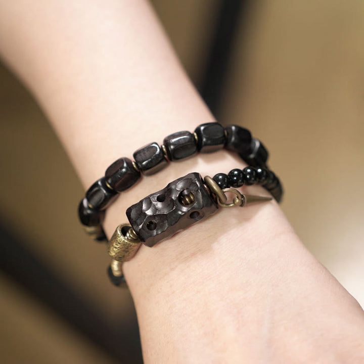 Braccialetto doppio giro Buddha Stones Ebano Legno Ossidiana Nera Rame Ottone Pace - image 4