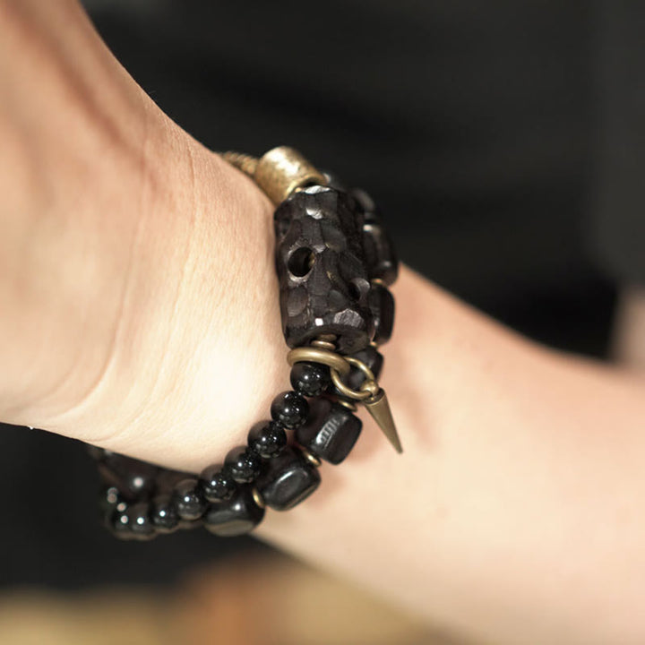 Braccialetto doppio giro Buddha Stones Ebano Legno Ossidiana Nera Rame Ottone Pace - image 16