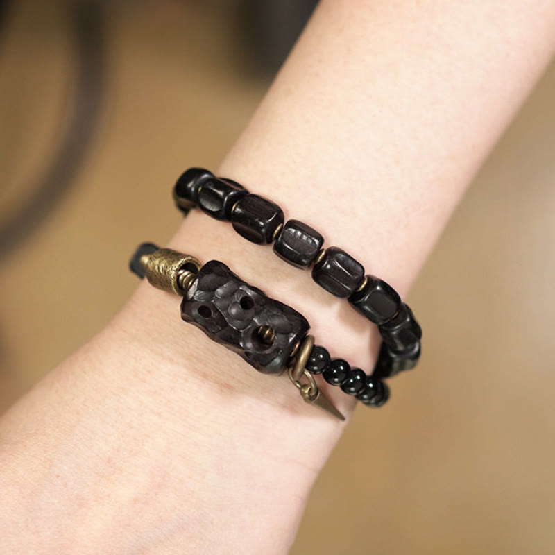 Braccialetto doppio giro Buddha Stones Ebano Legno Ossidiana Nera Rame Ottone Pace - image 17
