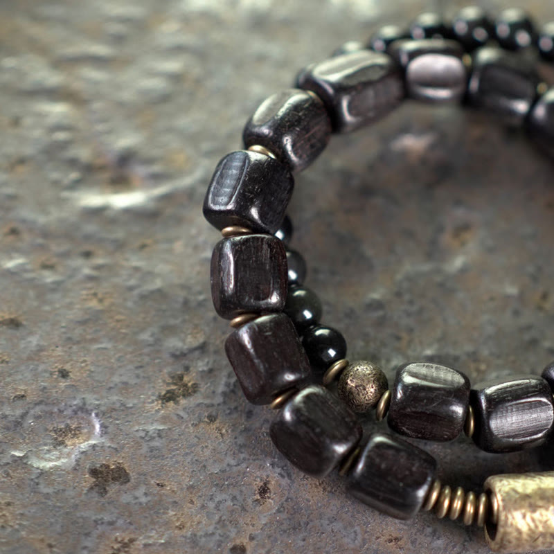 Braccialetto doppio giro Buddha Stones Ebano Legno Ossidiana Nera Rame Ottone Pace - image 10