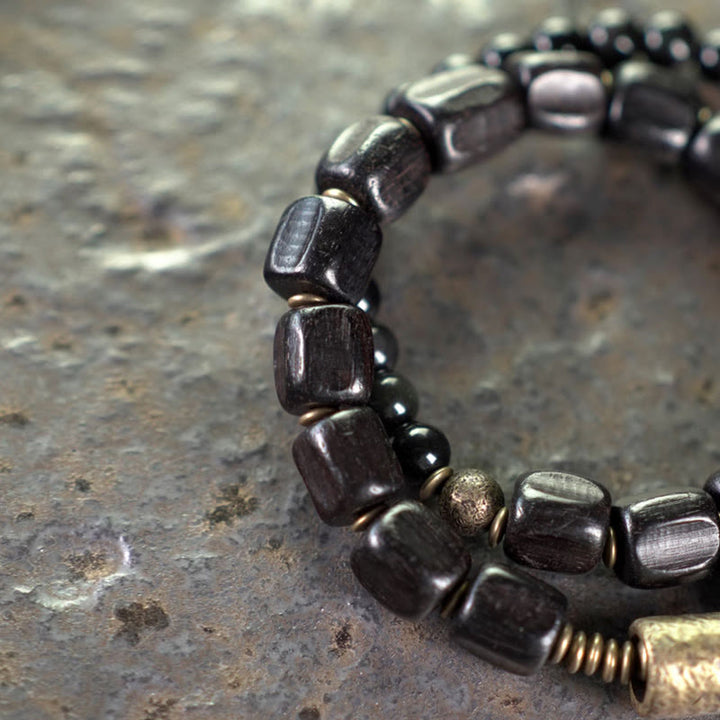 Braccialetto doppio giro Buddha Stones Ebano Legno Ossidiana Nera Rame Ottone Pace - image 10
