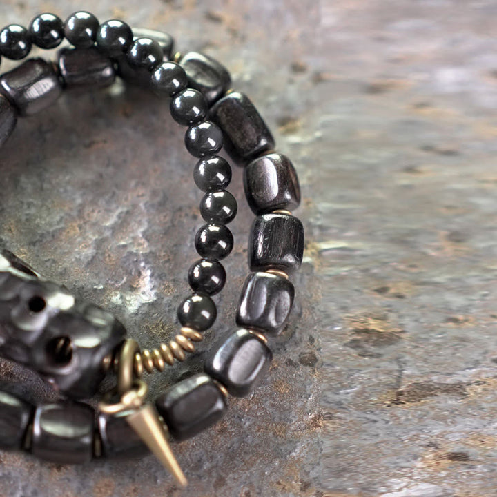 Braccialetto doppio giro Buddha Stones Ebano Legno Ossidiana Nera Rame Ottone Pace - image 9