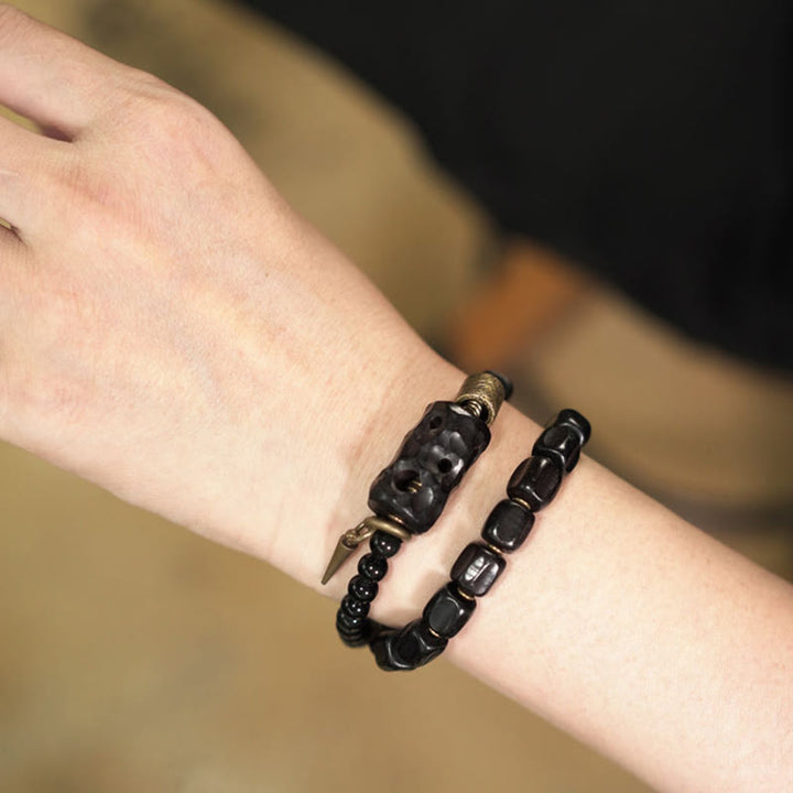Braccialetto doppio giro Buddha Stones Ebano Legno Ossidiana Nera Rame Ottone Pace - image 14