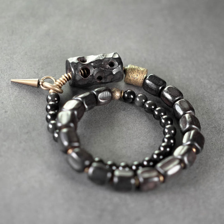 Braccialetto doppio giro Buddha Stones Ebano Legno Ossidiana Nera Rame Ottone Pace - image 7