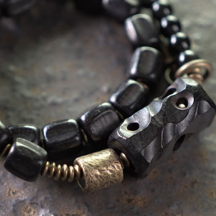 Braccialetto doppio giro Buddha Stones Ebano Legno Ossidiana Nera Rame Ottone Pace - image 3