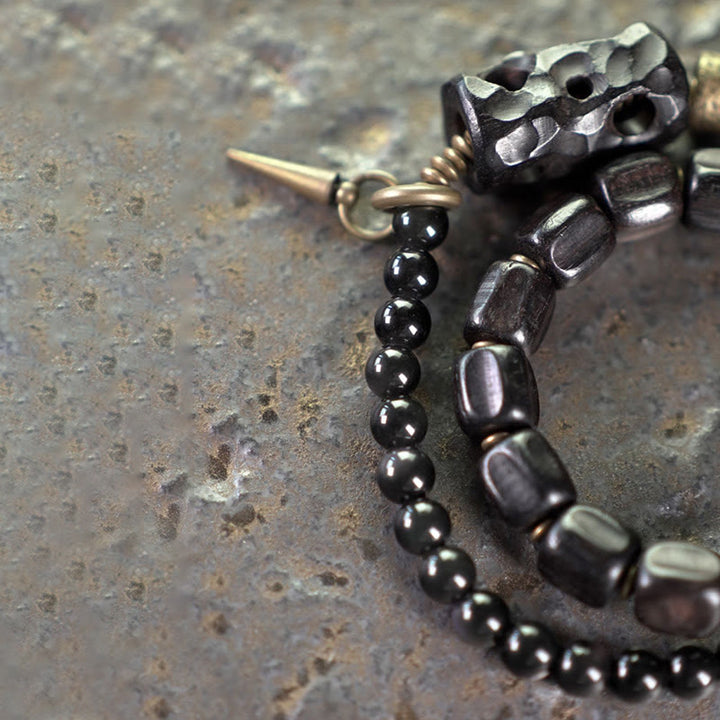Braccialetto doppio giro Buddha Stones Ebano Legno Ossidiana Nera Rame Ottone Pace - image 11