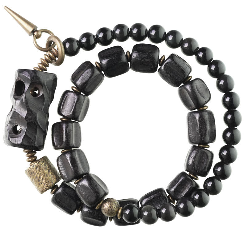 Braccialetto doppio giro Buddha Stones Ebano Legno Ossidiana Nera Rame Ottone Pace - image 12