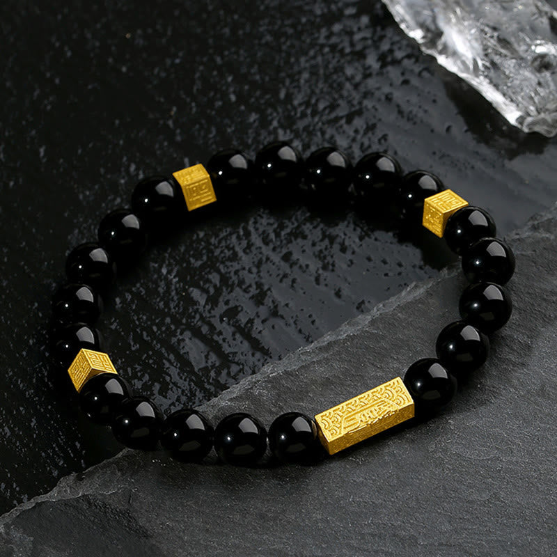 Bracciale Buddha Stones in ossidiana nera, argento sterling 925, carattere Fu, cubo, forza - image 3