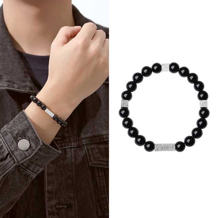 Bracciale Buddha Stones in ossidiana nera, argento sterling 925, carattere Fu, cubo, forza - Argento ossidiana nera (circonferenza del polso: 17-19 cm) - image 13