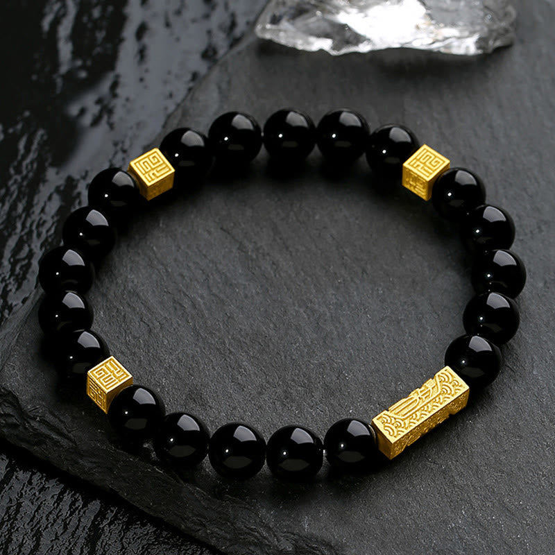Bracciale Buddha Stones in ossidiana nera, argento sterling 925, carattere Fu, cubo, forza - image 2