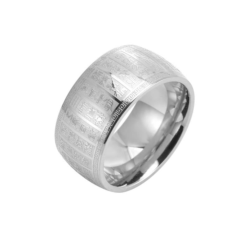 Anello in acciaio al titanio con motivo inciso Buddha Stones caratteri cinesi