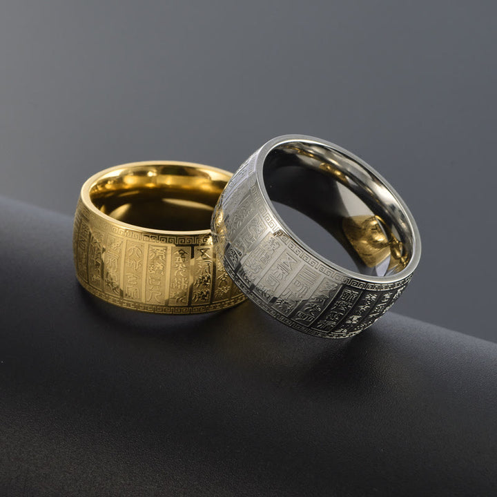 Anello in acciaio al titanio con motivo inciso Buddha Stones caratteri cinesi