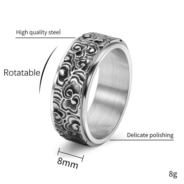Anello girevole in titanio intagliato con motivo a nuvole di buon auspicio Buddha Stones