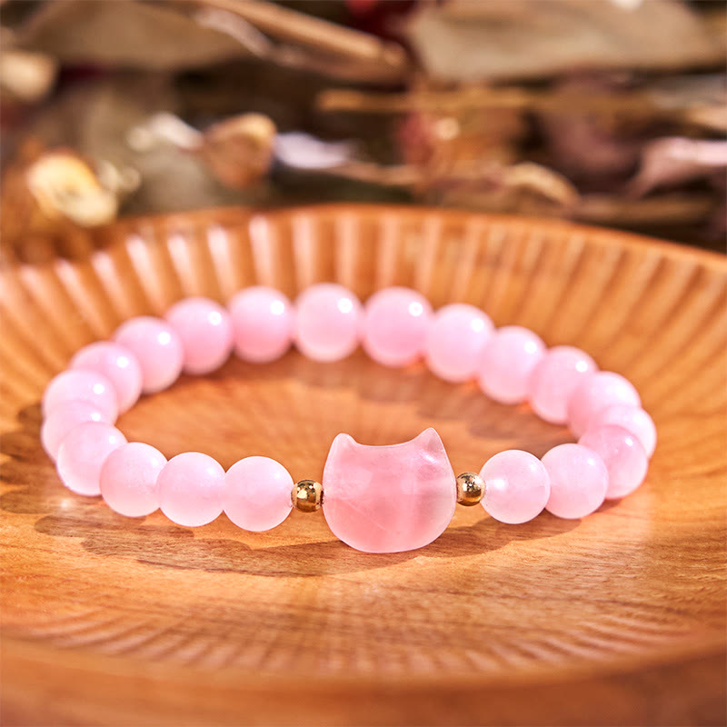 Braccialetto portafortuna con testa di gatto, ametista, avventurina verde, quarzo rosa, fluorite e Buddha Stones - Quarzo rosa (circonferenza del polso: 16-17 cm) - image 12