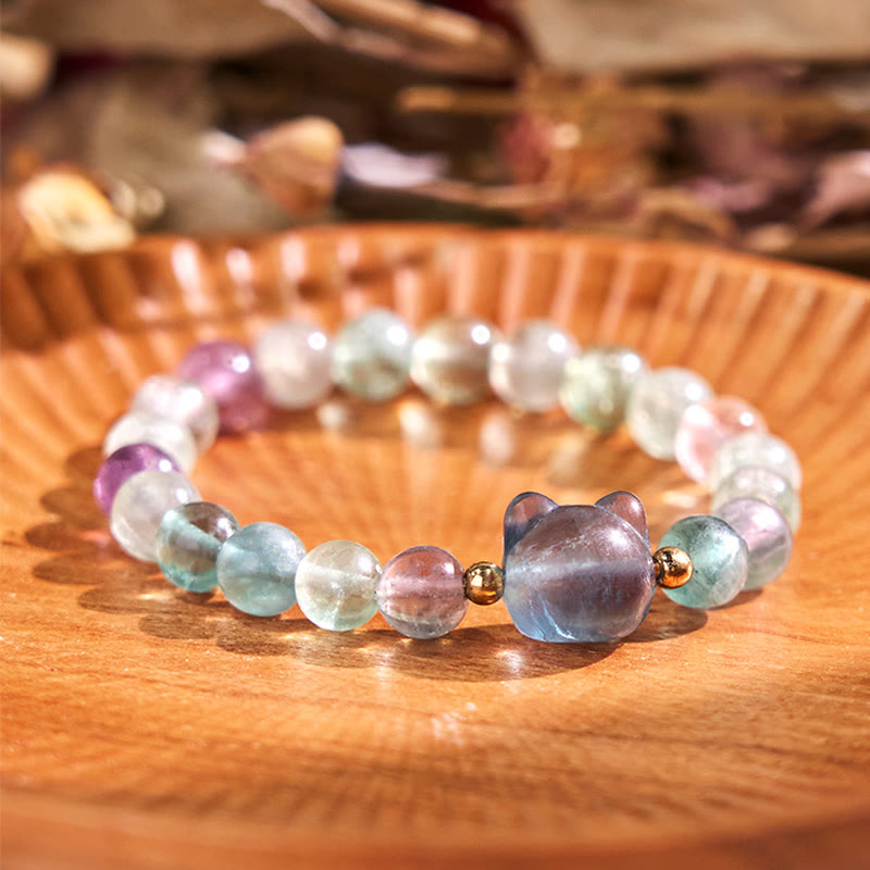 Braccialetto portafortuna con testa di gatto, ametista, avventurina verde, quarzo rosa, fluorite e Buddha Stones - Fluorite (circonferenza del polso: 16-17 cm) - image 16