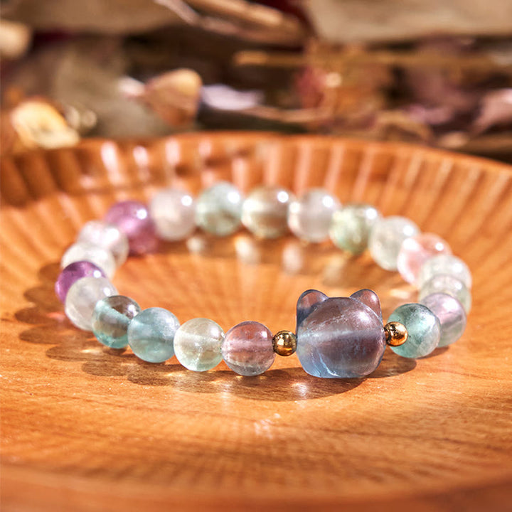 Braccialetto portafortuna con testa di gatto, ametista, avventurina verde, quarzo rosa, fluorite e Buddha Stones - Fluorite (circonferenza del polso: 16-17 cm) - image 16