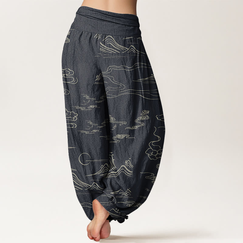 Pantaloni harem da donna con elastico in vita, motivo Buddha Stones Cotton Mountain Moon e nuvole di buon auspicio - image 2