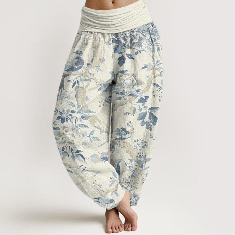 Pantaloni harem da donna con elastico in vita, motivo Buddha Stones Cotton Birds Branch Flowers - Beige - US22, UK/AU26, EU54 (6XL) - image 0