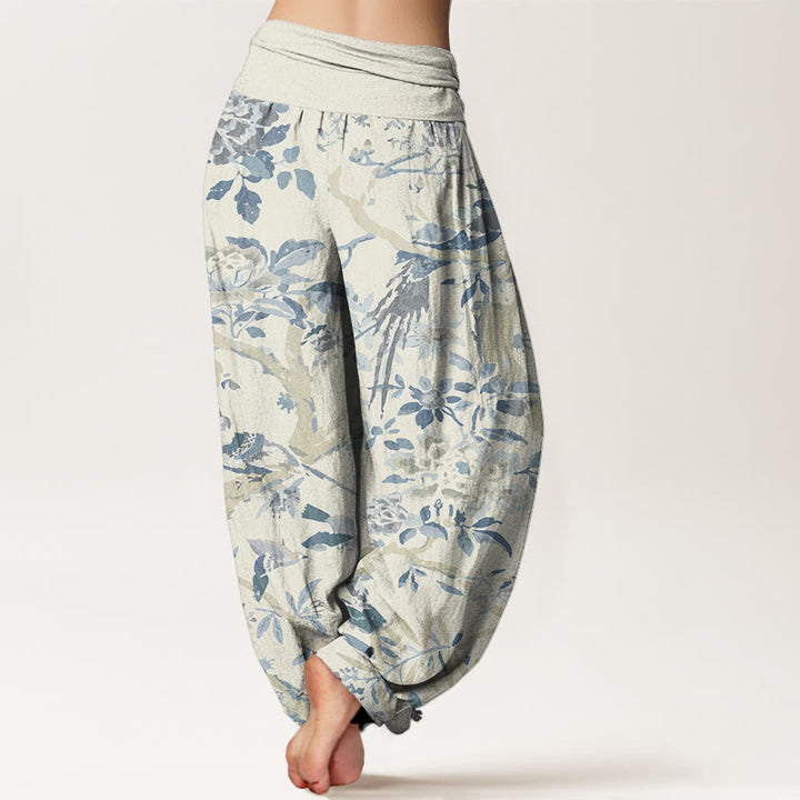 Pantaloni harem da donna con elastico in vita, motivo Buddha Stones Cotton Birds Branch Flowers - image 1