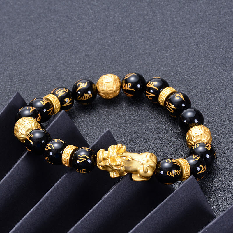 Braccialetto Buddha Stones Ossidiana nera Lega di onice nero PiXiu Om Mani Padme Hum Strength