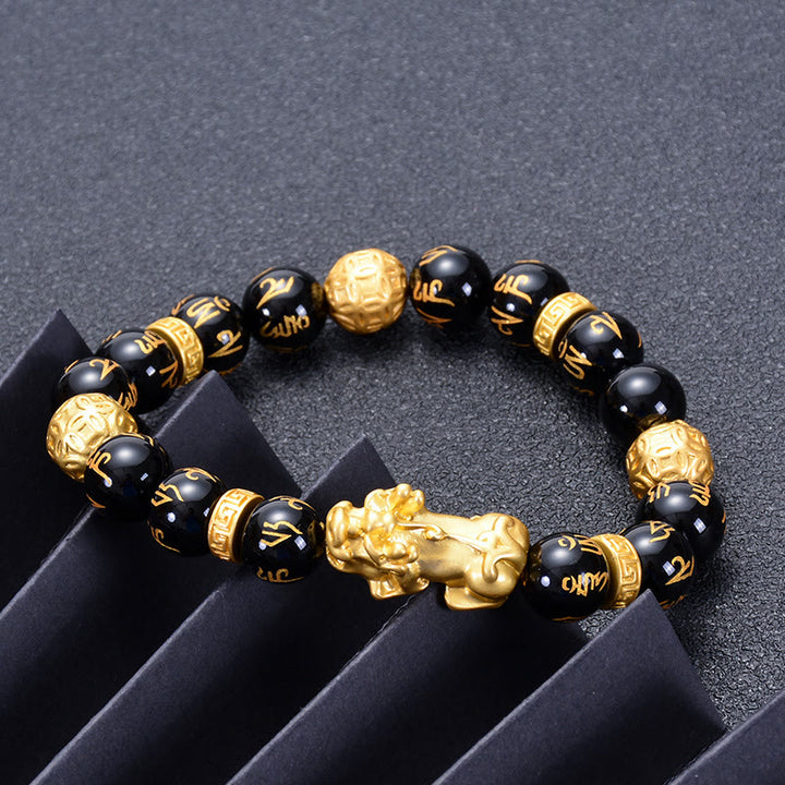 Braccialetto Buddha Stones Ossidiana nera Lega di onice nero PiXiu Om Mani Padme Hum Strength