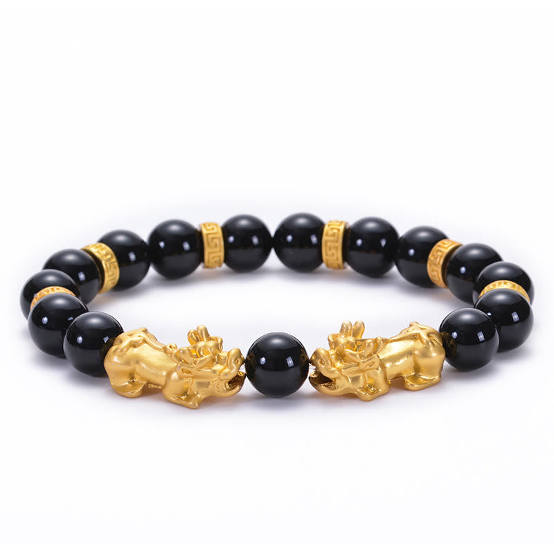 Buddha Stones Ossidiana nera Onice nero Lega dorata Due PiXiu Om Mani Padme Hum Braccialetto di forza