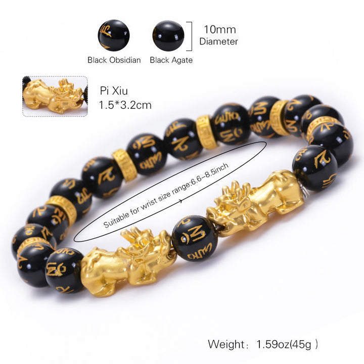 Buddha Stones Ossidiana nera Onice nero Lega dorata Due PiXiu Om Mani Padme Hum Braccialetto di forza