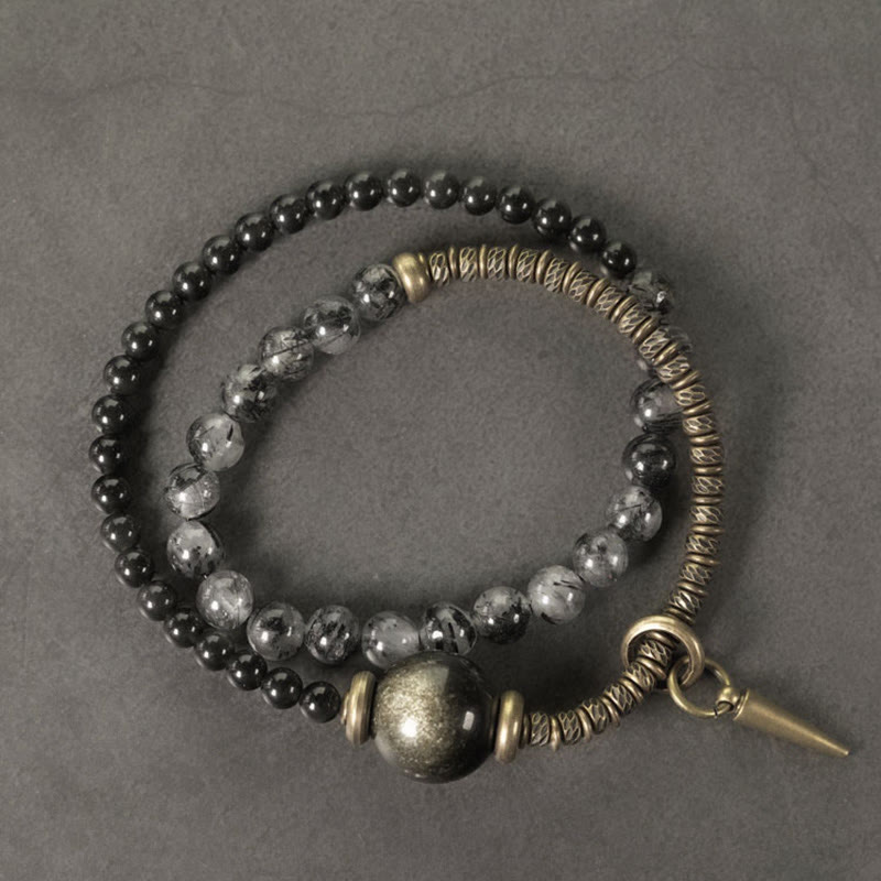 Braccialetto di protezione a doppio giro in ottone e rame Buddha Stones, ossidiana, quarzo rutilato nero e oro lucido