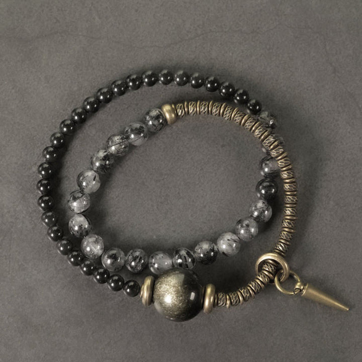 Braccialetto di protezione a doppio giro in ottone e rame Buddha Stones, ossidiana, quarzo rutilato nero e oro lucido