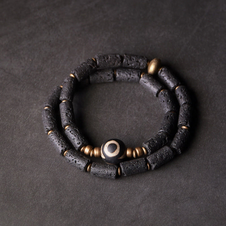Braccialetto Buddha Stones Vintage Lava Rock Dzi a tre occhi in rame e ottone con più giri e calma
