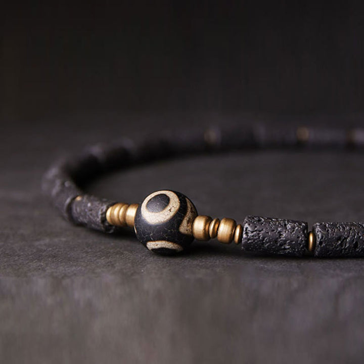 Braccialetto Buddha Stones Vintage Lava Rock Dzi a tre occhi in rame e ottone con più giri e calma
