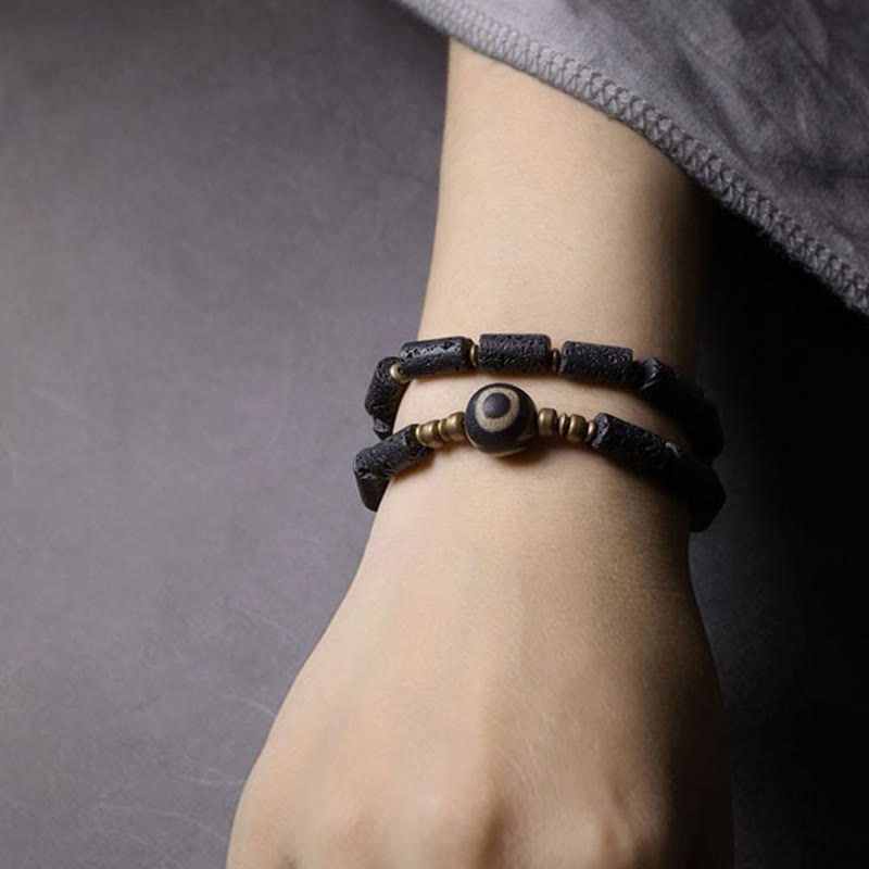 Braccialetto Buddha Stones Vintage Lava Rock Dzi a tre occhi in rame e ottone con più giri e calma