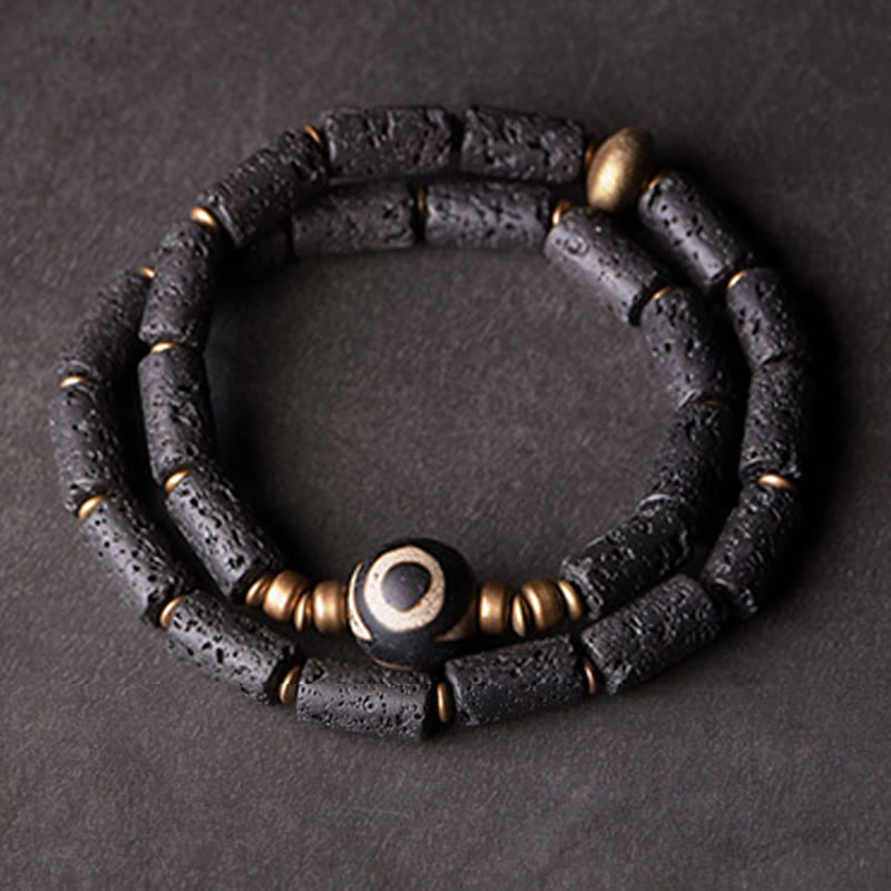 Braccialetto Buddha Stones Vintage Lava Rock Dzi a tre occhi in rame e ottone con più giri e calma