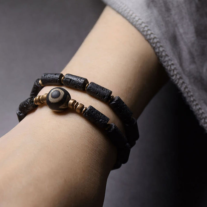 Braccialetto Buddha Stones Vintage Lava Rock Dzi a tre occhi in rame e ottone con più giri e calma