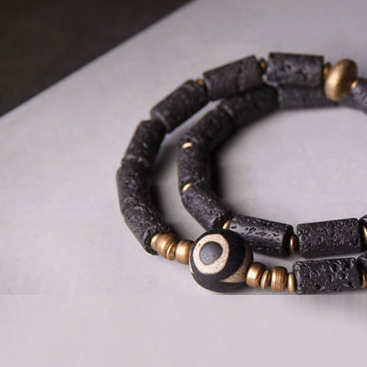 Braccialetto Buddha Stones Vintage Lava Rock Dzi a tre occhi in rame e ottone con più giri e calma