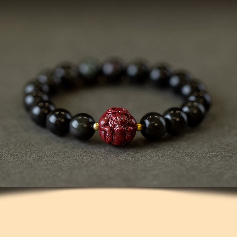 Braccialetto di purificazione naturale in ossidiana nera e cinabro dello zodiaco cinese Buddha Stones