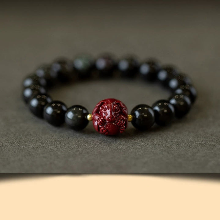 Braccialetto di purificazione naturale in ossidiana nera e cinabro dello zodiaco cinese Buddha Stones