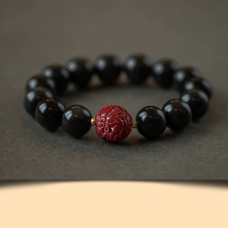 Braccialetto di purificazione naturale in ossidiana nera e cinabro dello zodiaco cinese Buddha Stones