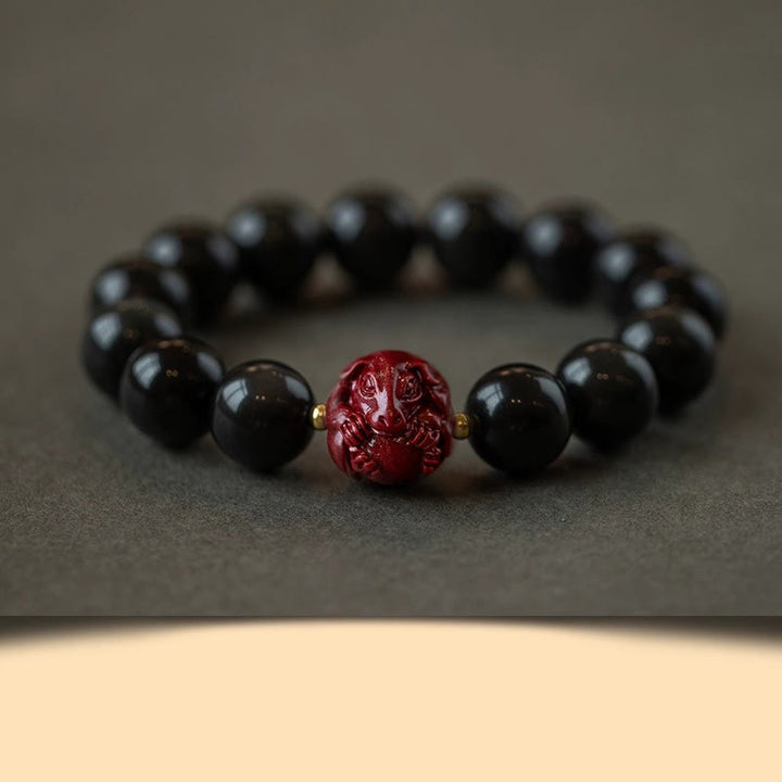 Braccialetto di purificazione naturale in ossidiana nera e cinabro dello zodiaco cinese Buddha Stones