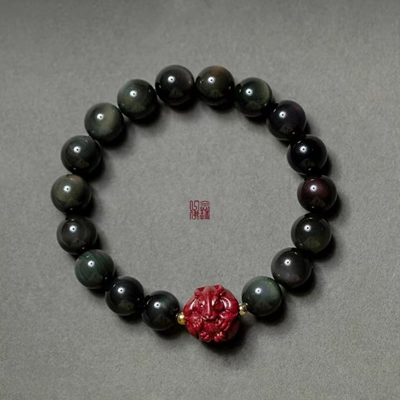 Braccialetto di purificazione naturale in ossidiana nera e cinabro dello zodiaco cinese Buddha Stones