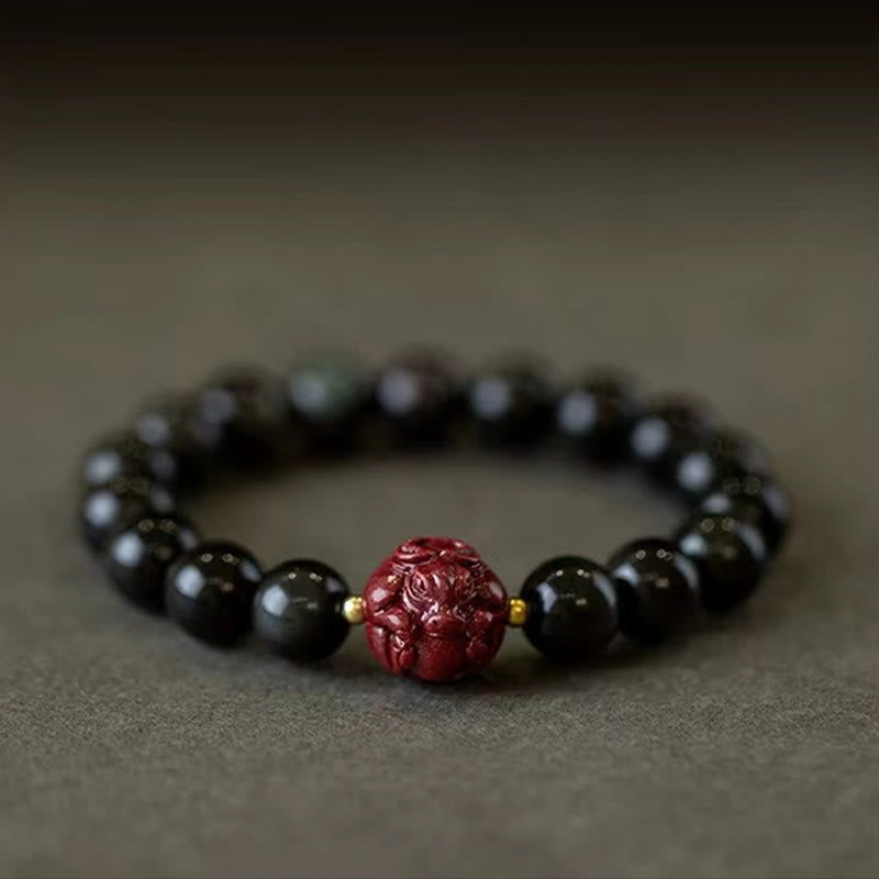 Braccialetto di purificazione naturale in ossidiana nera e cinabro dello zodiaco cinese Buddha Stones