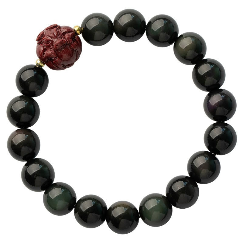 Braccialetto di purificazione naturale in ossidiana nera e cinabro dello zodiaco cinese Buddha Stones