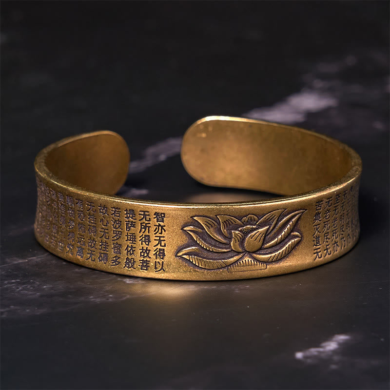 Bracciale rigido con polsino in ottone e rame con fiore di loto , Buddha Stones Heart Sutra Peace Cuff