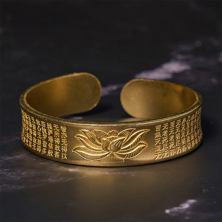 Bracciale rigido con polsino in ottone e rame con fiore di loto , Buddha Stones Heart Sutra Peace Cuff