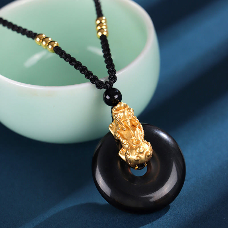 Buddha Stones Onice nero Agata bianca Fibbia della pace Argento Sterling 999 Oro PiXiu Collana con ciondolo della fortuna - PiXiu in argento sterling 999 e onice nero (lunghezza: circa 36 cm) - image 2