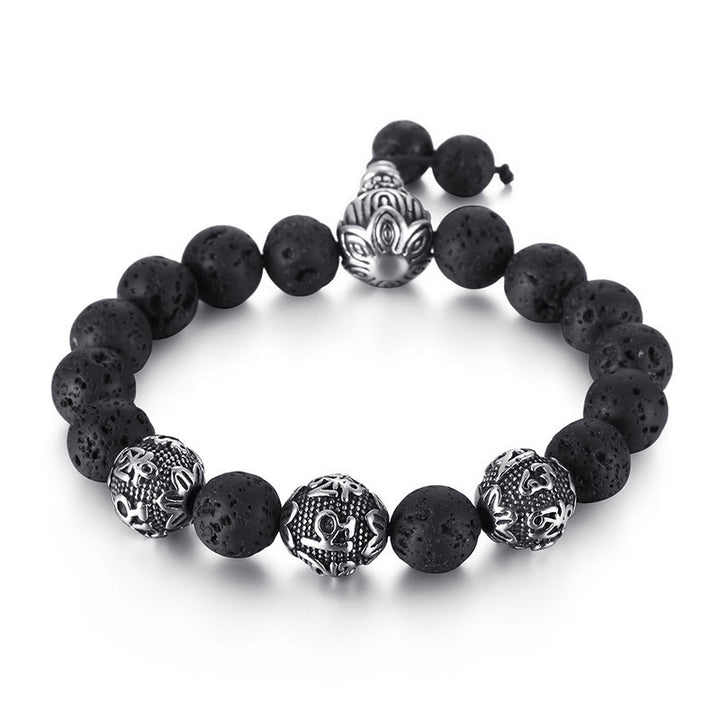 Buddha Stones Occhio di Tigre Naturale Roccia Lavica Ossidiana Nera Acciaio al Titanio Braccialetto di Protezione Om Mani Padme Hum delle Sei Vere Parole