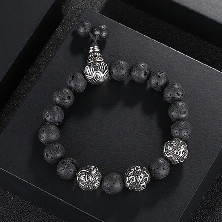 Buddha Stones Occhio di Tigre Naturale Roccia Lavica Ossidiana Nera Acciaio al Titanio Braccialetto di Protezione Om Mani Padme Hum delle Sei Vere Parole